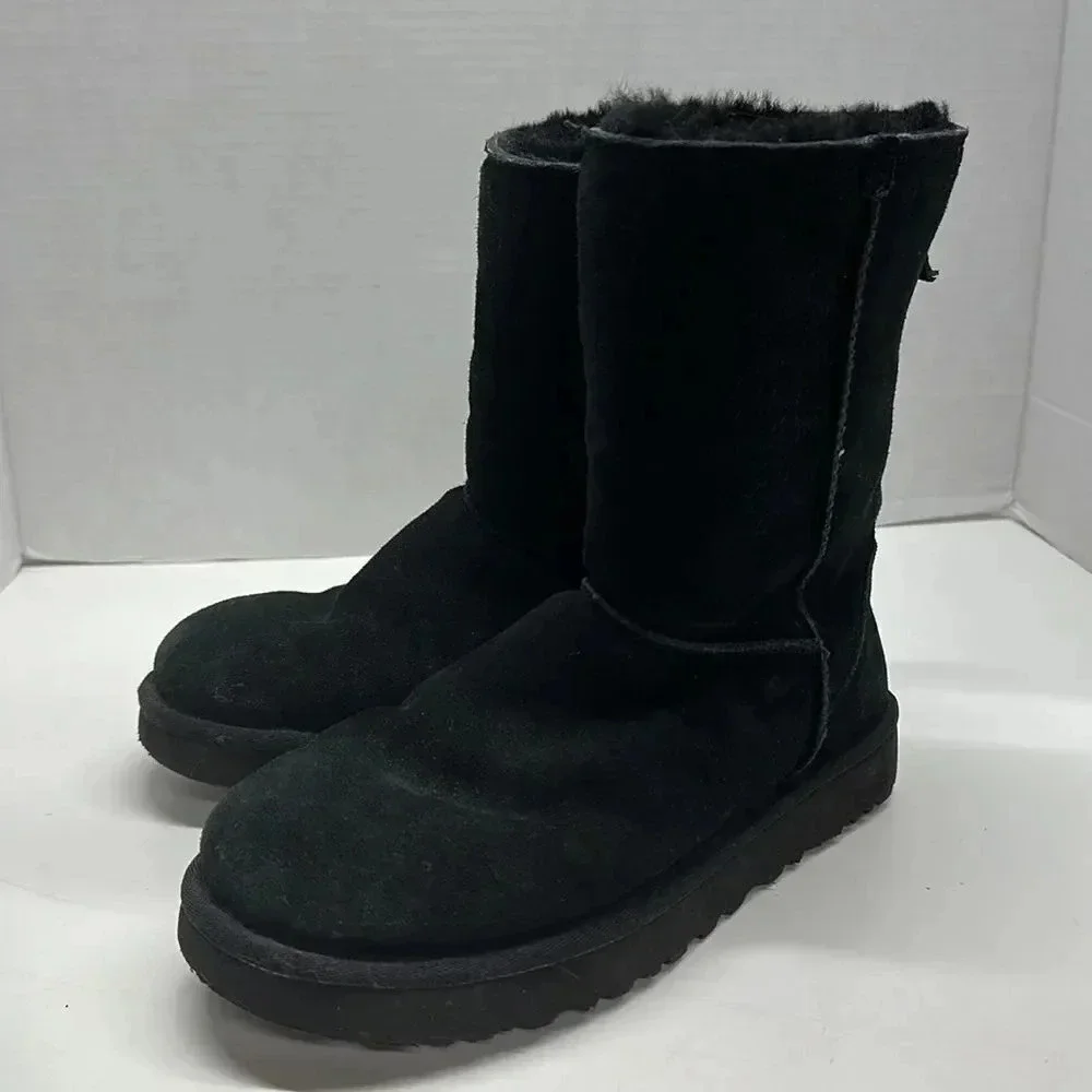 Ugg Boots Classic Short Zip Up Back Suede Shearling Lined Winter Boot Black 6